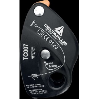 DeltaPlus SAFECORD TC007 Multifunktionales selbstblockierendes Abseilgerät mit Anti-Panik-System für einen kontrollierten Abstieg Schwarz-Orange Einzelgrösse