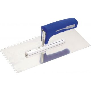 Triuso Glättekelle 28x13cm, Edelstahl 10mm-Zahnung,2K-Gr., bl./grau.