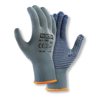 teXXor Nylon Feinstrick-Handschuh, grau, einseitig blaue PVC-Noppen, Kat.2 verschiedene Größen