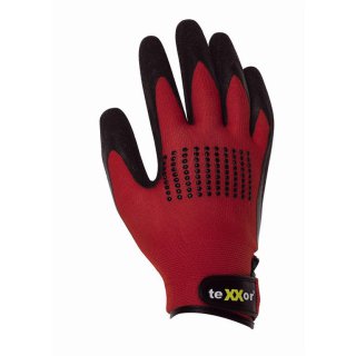 teXXor Nylon-Feinstrickhandschuh, rot, schwarze Latexbeschichtung, schwarze PVC Noppen auf Handrücken, Klettverschluss verschiedene Größen